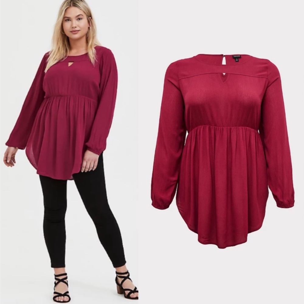 TORRID RED WINE GAUZE BABYDOLL TUNIC TOP - Picture 2 of 7